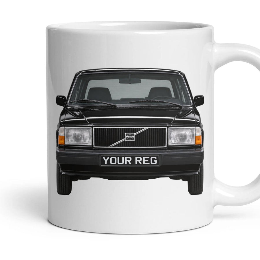 Volvo 240 Personalised Number Plate Mug - Black - Front & Rear mug, 11oz white ceramic, Black, handle right