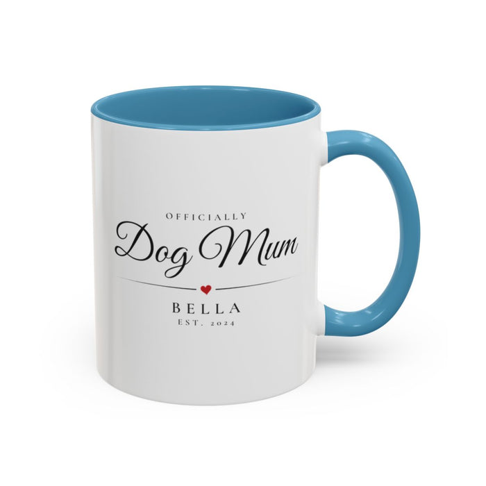 Dog Mum Pet parent Mug mug, 11oz white ceramic, light blue handle and interior, handle right