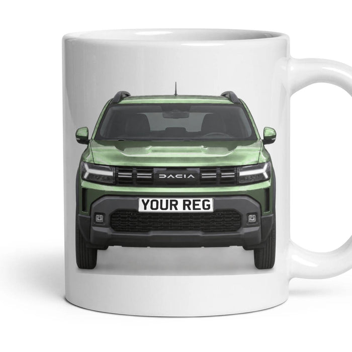 Dacia Duster Personalised Number Plate Mug - Cedar Green - Front & Rear mug, 11oz white ceramic, Cedar Green, handle right