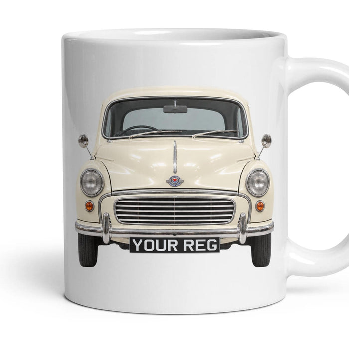 Morris Minor 1000 Personalised Number Plate Mug - Old English White - Front & Rear mug, 11oz white ceramic, Old English White, handle right