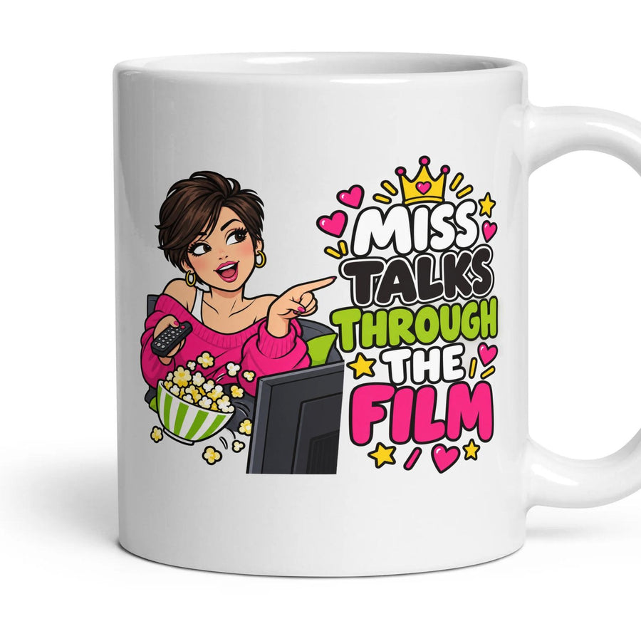 Miss Talks Through The Film mug, 11oz white ceramic, handle right