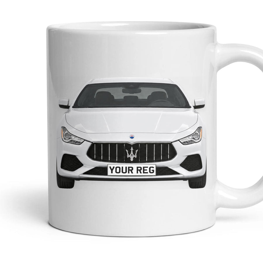 Maserati Ghibli M157 Personalised Number Plate Mug - Bianco - Front & Rear mug, 11oz white ceramic, Bianco, handle right