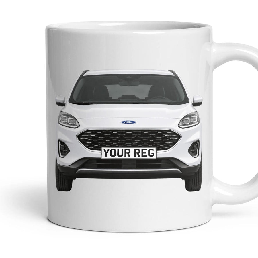 Ford Kuga Personalised Number Plate Mug - Frozen White - Front & Rear mug, 11oz white ceramic, Frozen White, handle right