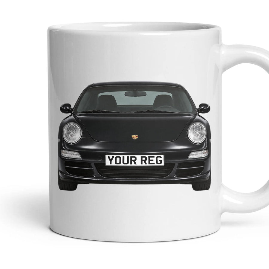 Porsche 911 997 Personalised Number Plate Mug - Basalt Black Metallic - Front & Rear mug, 11oz white ceramic, Basalt Black Metallic, handle right