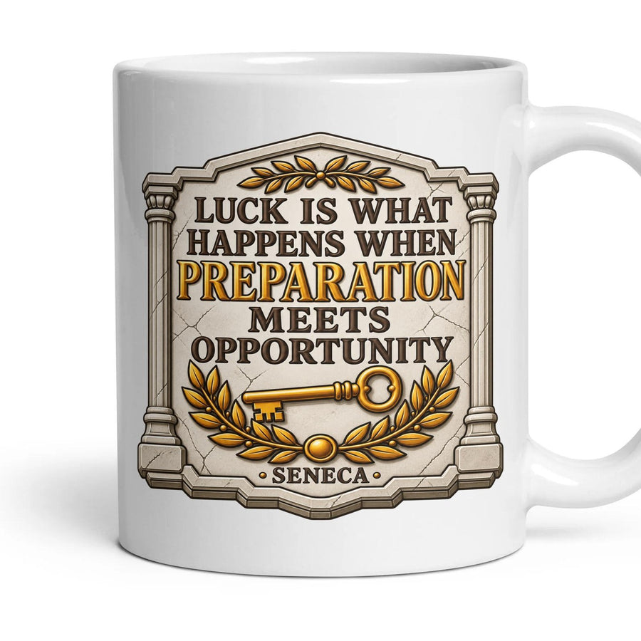 Luck is what happens when preparation meets opportunity mug, 11oz white ceramic, handle right