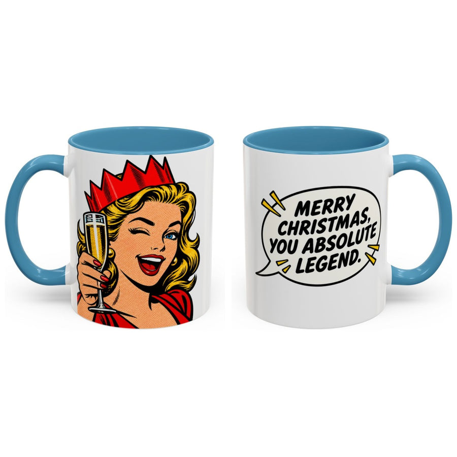 Merry Christmas, you absolute legend. mug, 11oz white ceramic, light blue handle and interior, handle right