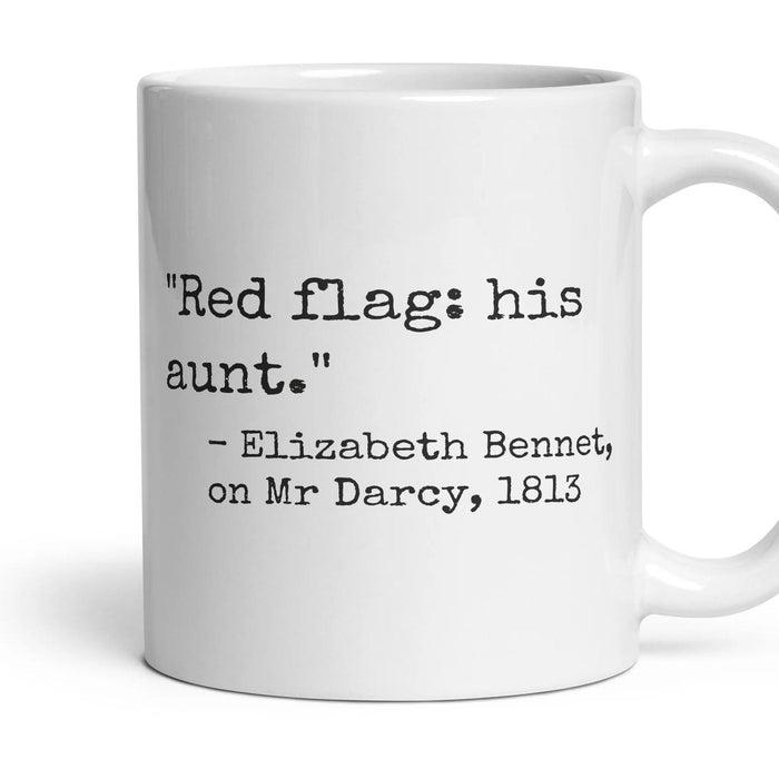 Red flag: his aunt. mug, 11oz white ceramic, handle right