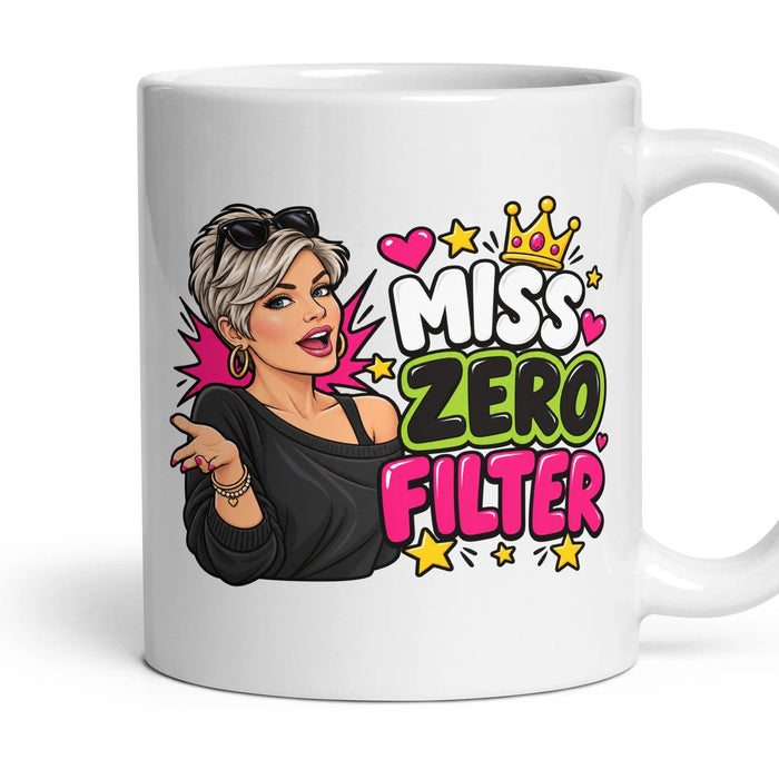 Miss Zero Filter mug, 11oz white ceramic, handle right