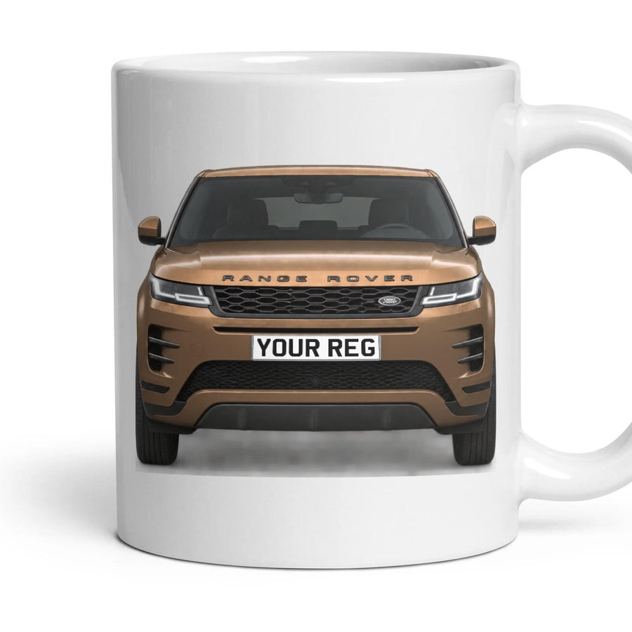 Range Rover Evoque Personalised Number Plate Mug - Corinthian Bronze - Front & Rear mug, 11oz white ceramic, Corinthian Bronze, handle right