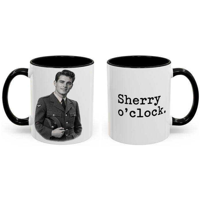 Sherry o'clock. mug, 11oz white ceramic, black handle and interior, handle right