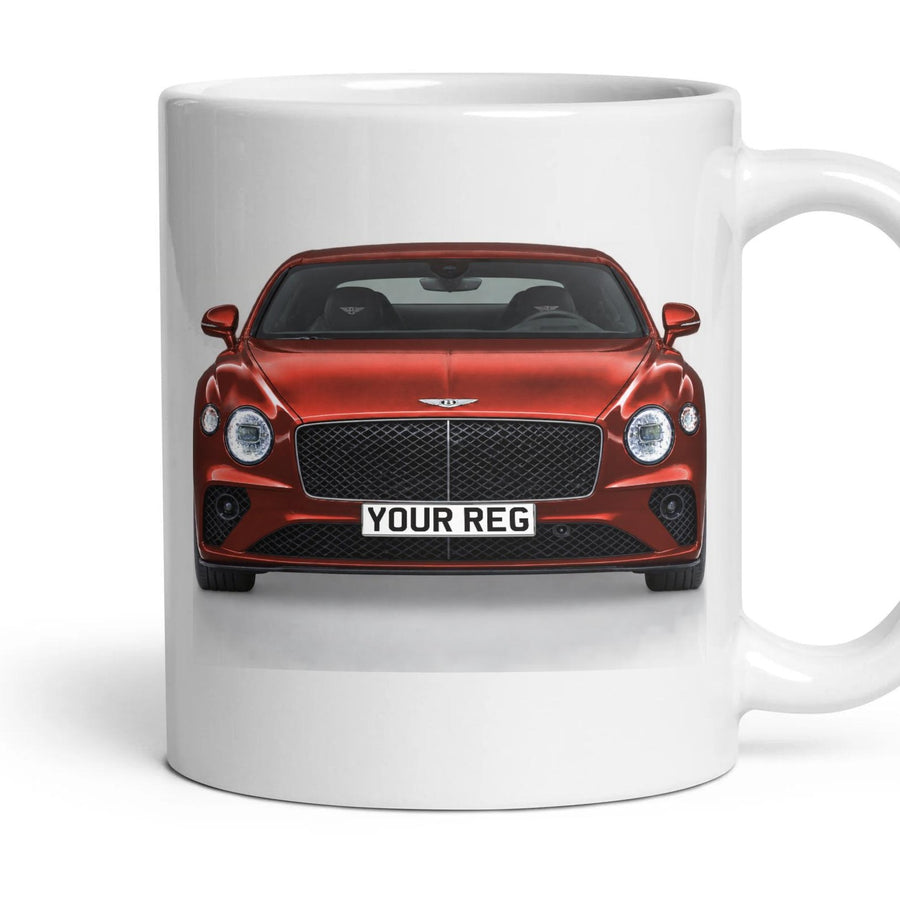 Bentley Continental GT Personalised Number Plate Mug - Cricket Ball Red - Front & Rear mug, 11oz white ceramic, Cricket Ball Red, handle right