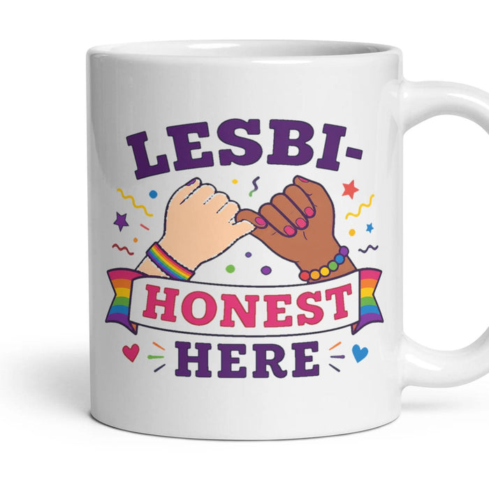 LESBI-HONEST HERE mug, 11oz white ceramic, handle right