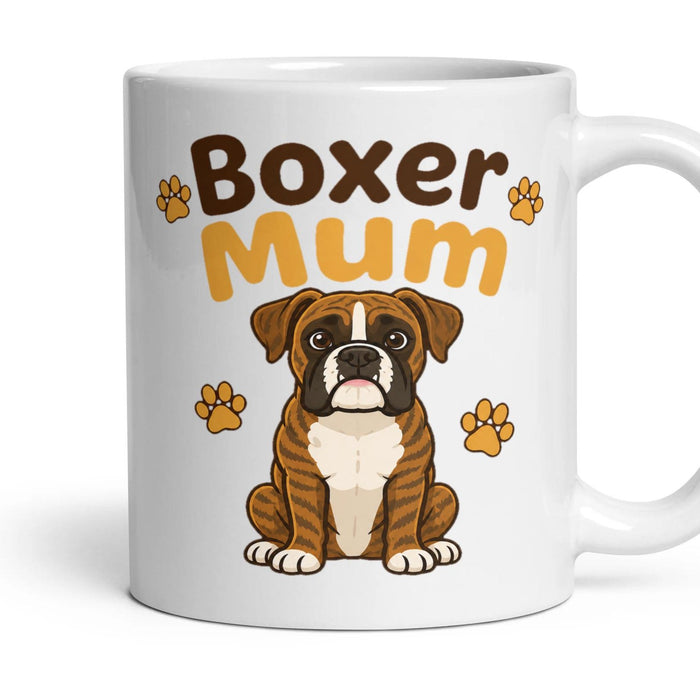 Boxer Mum mug, 11oz white ceramic, Brindle, handle right