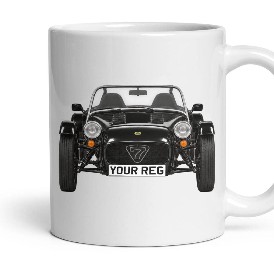 Caterham Seven Personalised Number Plate Mug - Black - Front & Rear mug, 11oz white ceramic, Black, handle right