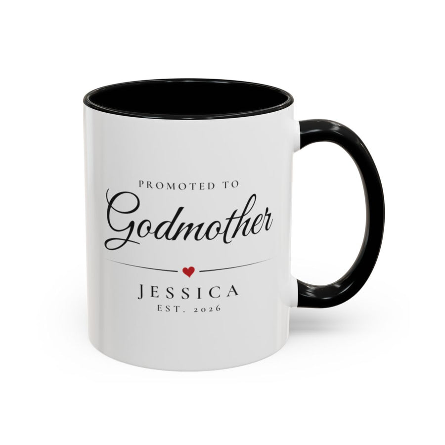 Godmother Godparent Mug mug, 11oz white ceramic, black handle and interior, handle right