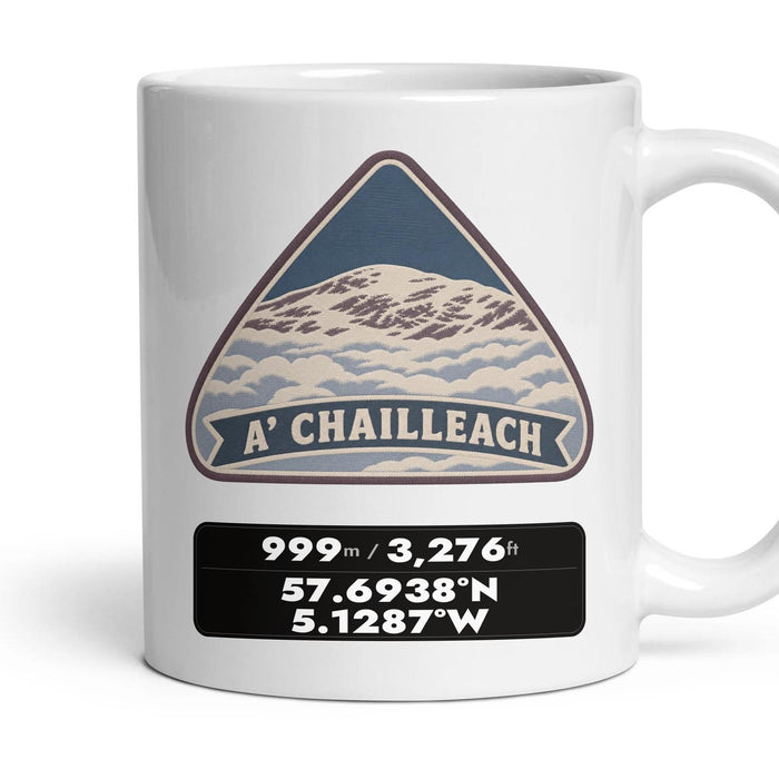 A' Chailleach Summit Patch mug, 11oz white ceramic, A' Chailleach (The Fannaichs), handle right
