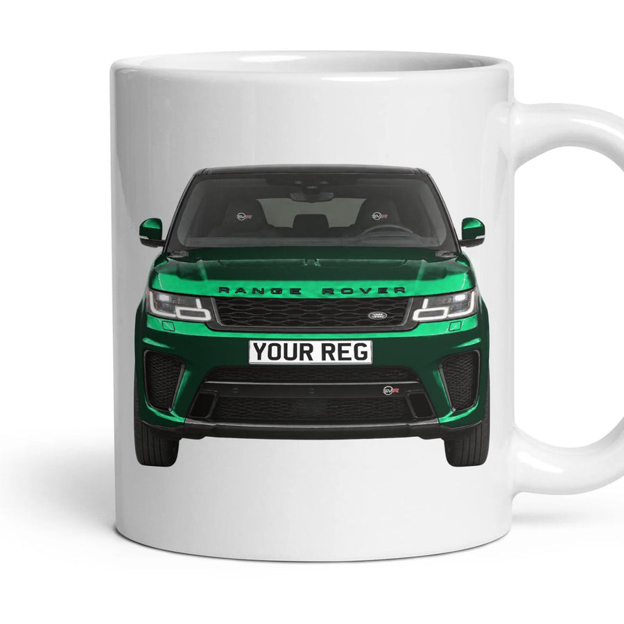 Range Rover Sport SVR Personalised Number Plate Mug - British Racing Green - Front & Rear mug, 11oz white ceramic, British Racing Green, handle right