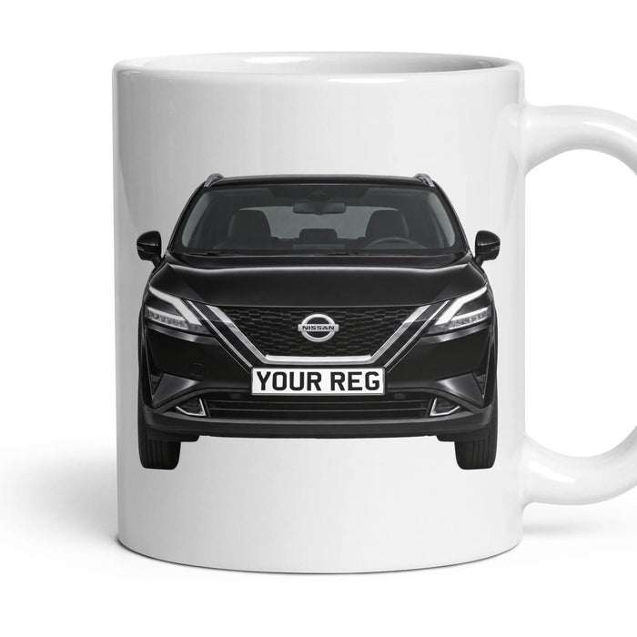 Nissan Qashqai Personalised Number Plate Mug - Black - Front & Rear mug, 11oz white ceramic, Black, handle right