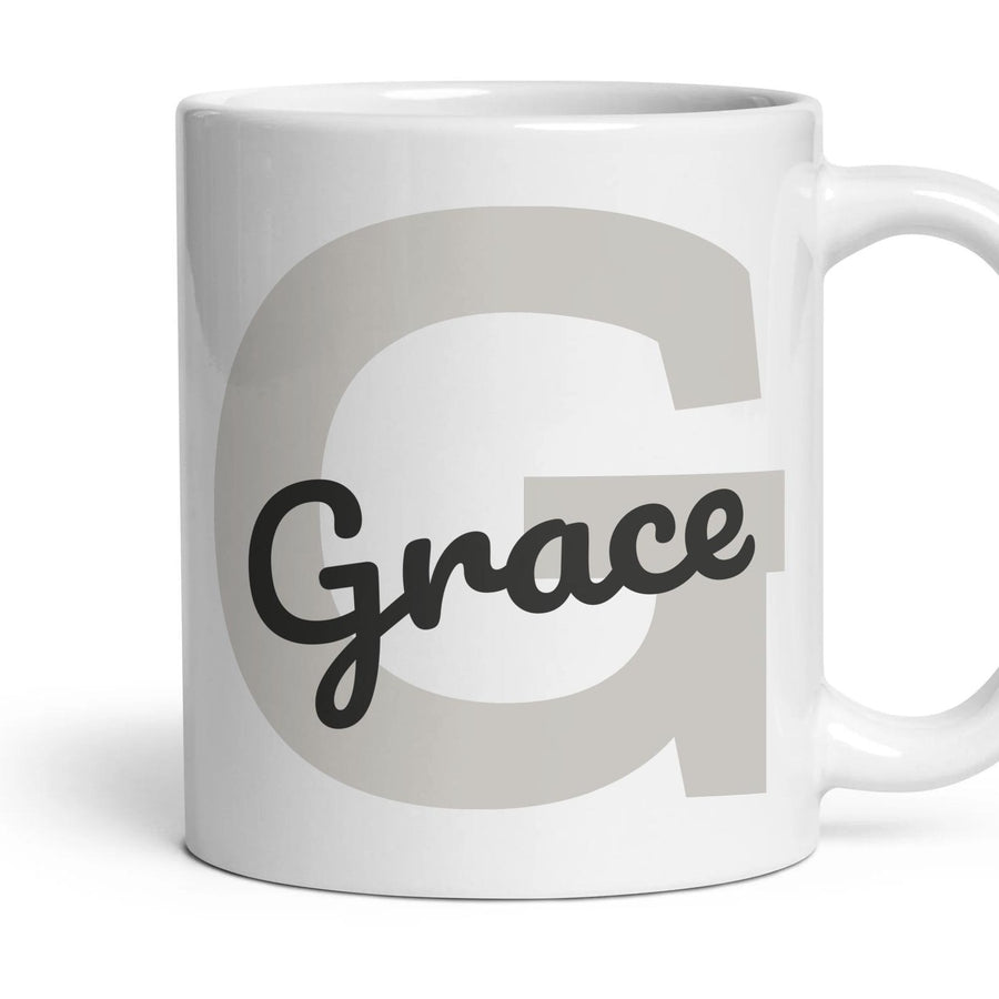 Personalised Initial Mug — Soft Grey (L4S4) mug, 11oz white ceramic, Soft Grey, handle right