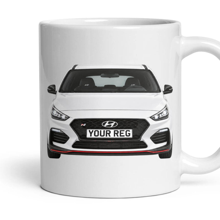 Hyundai i30 N Performance Personalised Number Plate Mug - Polar White - Front & Rear mug, 11oz white ceramic, Polar White, handle right