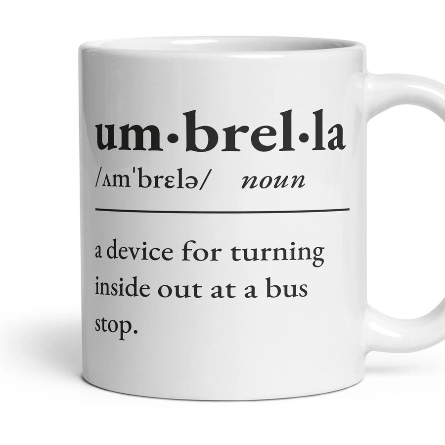 Umbrella mug, 11oz white ceramic, handle right
