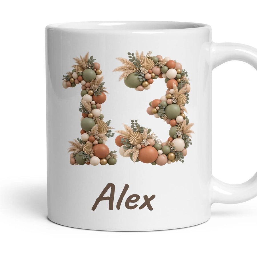 Personalised 13th Birthday Balloon Mug mug, 11oz white ceramic, Boho Sage & Terracotta, handle right