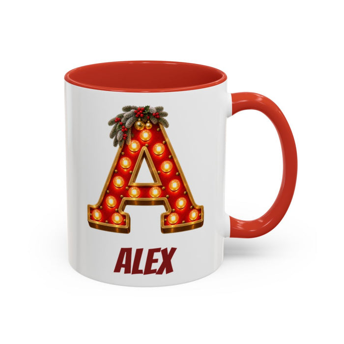 Personalised Light-Up Monogram Mug mug, 11oz white ceramic, red handle and interior, handle right