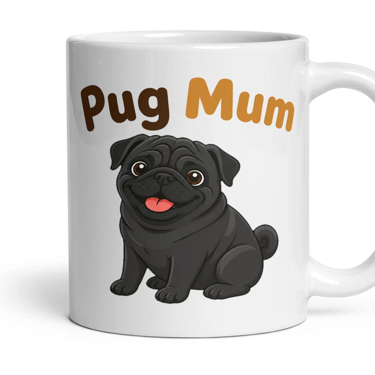 Pug Mum mug, 11oz white ceramic, handle right