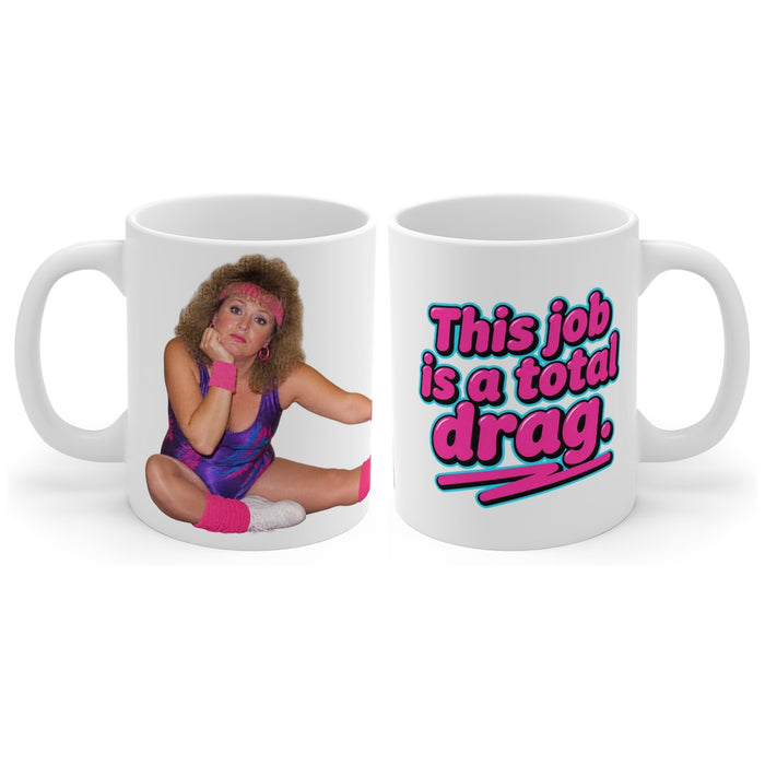 This job is a total drag. mug, handle right