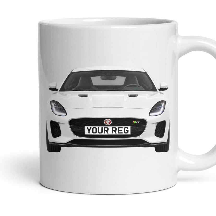 Jaguar F-Type Personalised Number Plate Mug - Fuji White - Front & Rear mug, 11oz white ceramic, Fuji White, handle right