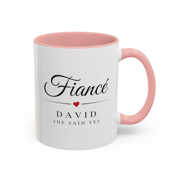 Fiancé Engagement Mug mug, 11oz white ceramic, pink handle and interior, handle right