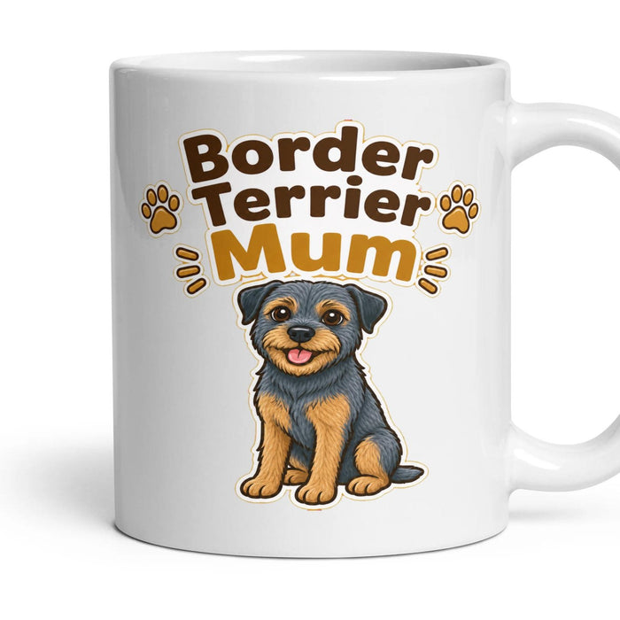 Border Terrier Mum mug, 11oz white ceramic, Blue & Tan, handle right