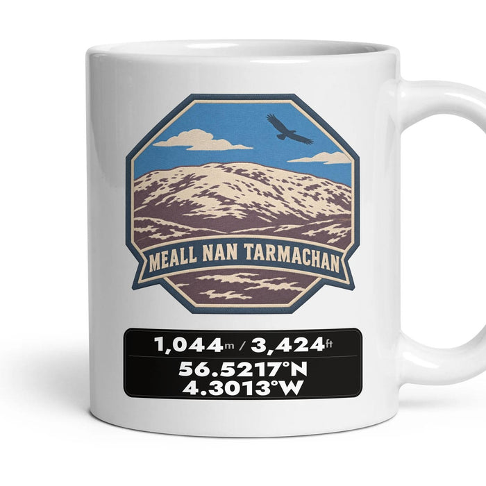 Meall nan Tarmachan Summit Patch mug, 11oz white ceramic, Meall nan Tarmachan, handle right