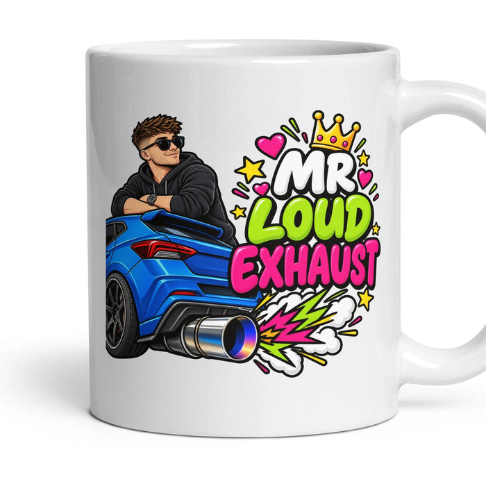 Mr Loud Exhaust mug, 11oz white ceramic, handle right