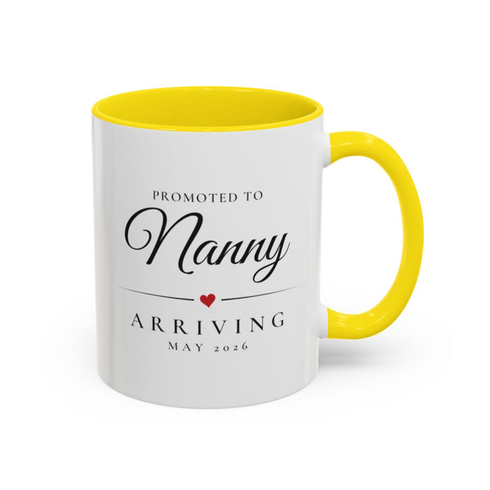Nanny Grandparent Mug mug, 11oz white ceramic, yellow handle and interior, handle right