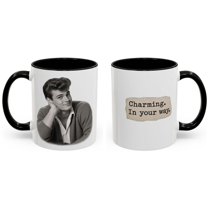 Charming. In your way. mug, 11oz white ceramic, black handle and interior, handle right