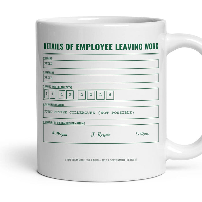 Details of Employee Leaving Work mug, 11oz white ceramic, handle right