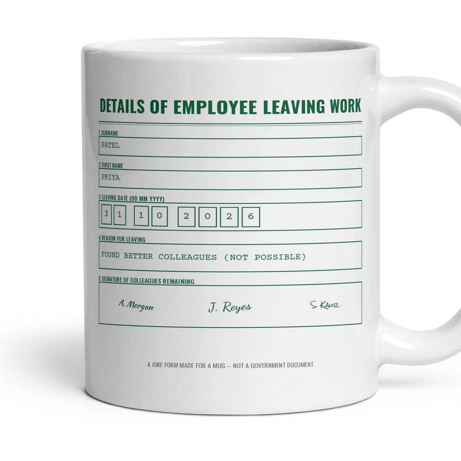 Details of Employee Leaving Work mug, 11oz white ceramic, handle right