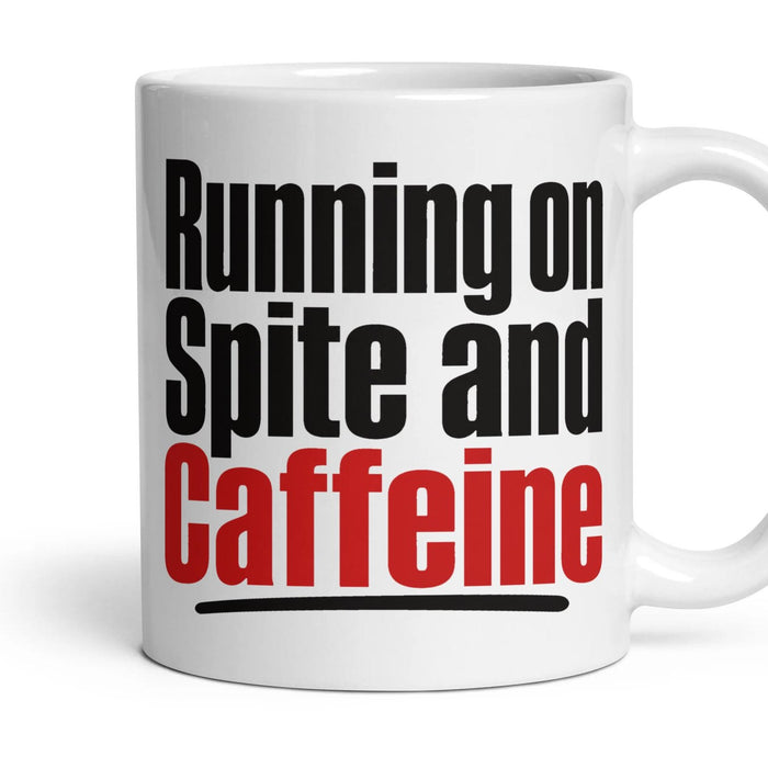 Running on Spite and Caffeine mug, 11oz white ceramic, handle right