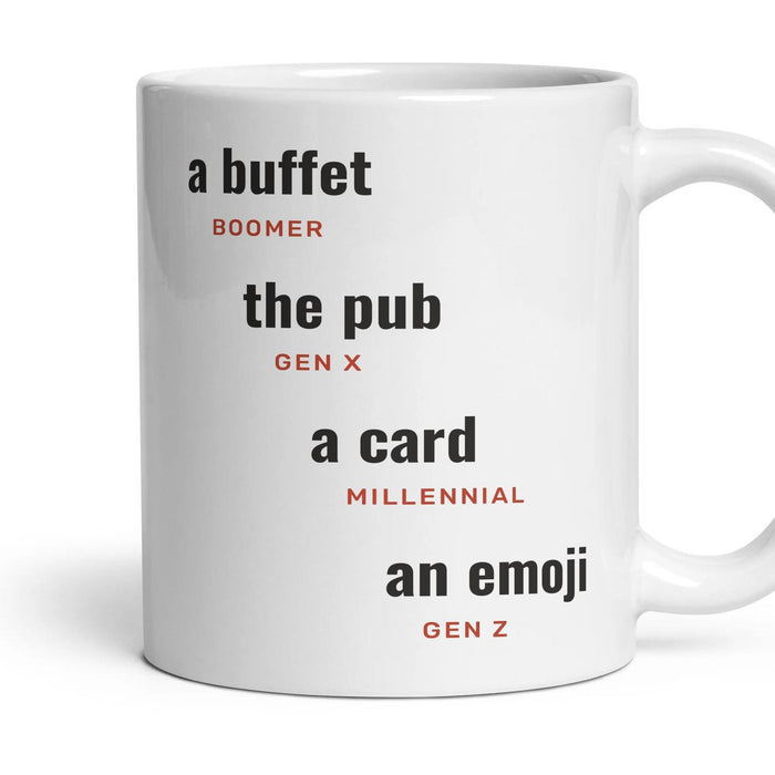 Leaving do: a buffet, the pub, a card, an emoji mug, 11oz white ceramic, handle right