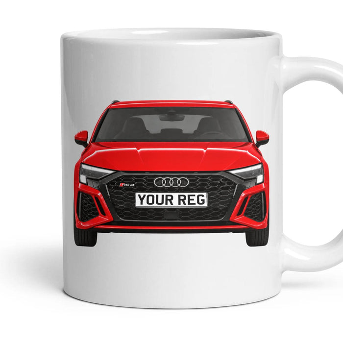 Audi RS3 Personalised Number Plate Mug - Catalunya Red - Front & Rear mug, 11oz white ceramic, Catalunya Red, handle right