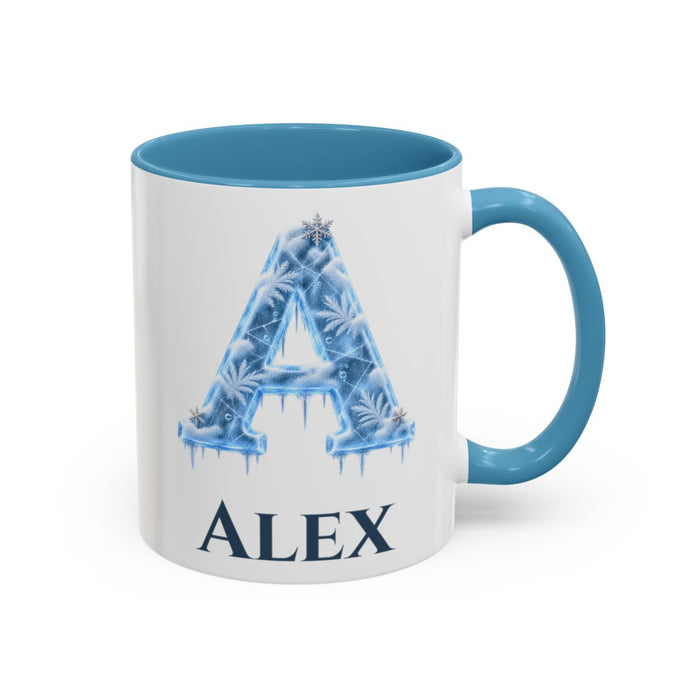 Personalised Ice Monogram Mug mug, 11oz white ceramic, light blue handle and interior, handle right