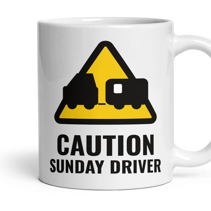 CAUTION: SUNDAY DRIVER mug, 11oz white ceramic, handle right