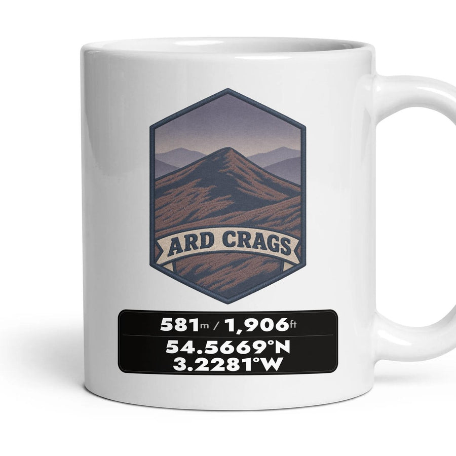 Ard Crags Summit Patch mug, 11oz white ceramic, Ard Crags, handle right