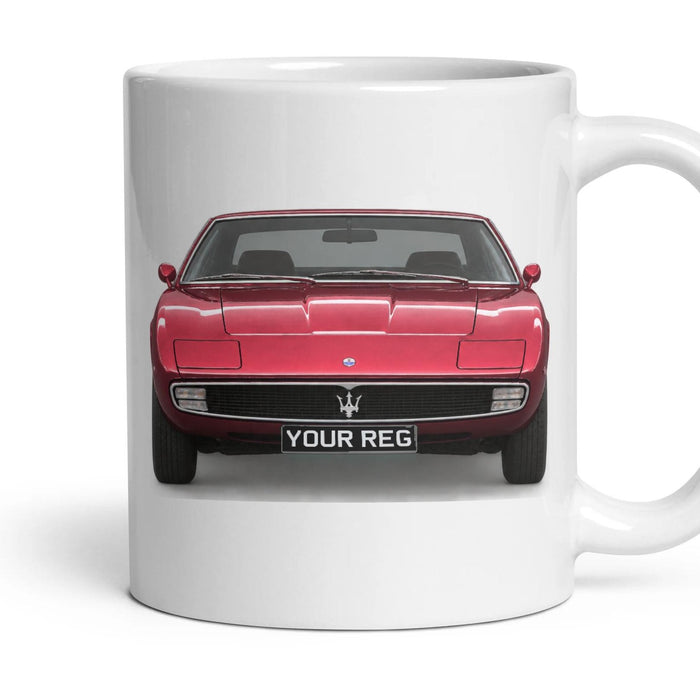 Maserati Ghibli AM115 Personalised Number Plate Mug - Amaranto - Front & Rear mug, 11oz white ceramic, Amaranto, handle right