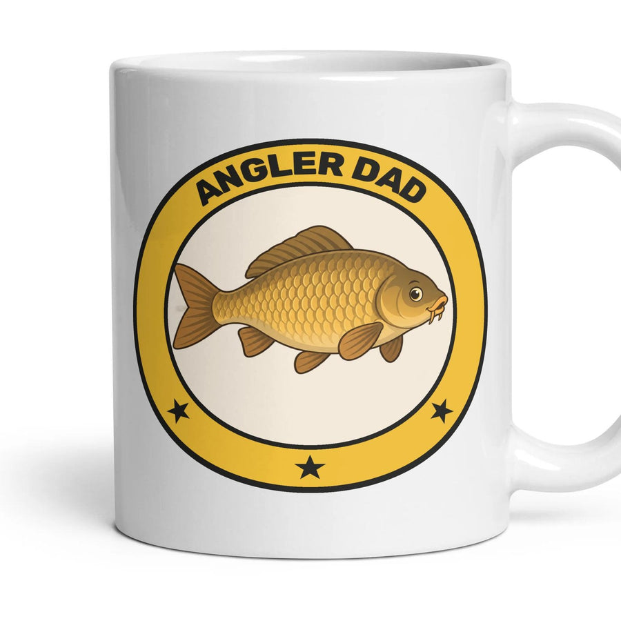 Angler Dad mug, 11oz white ceramic, Carp, handle right