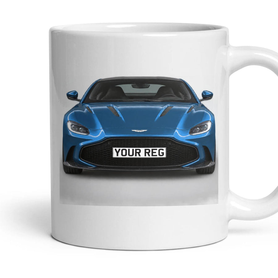 Aston Martin Vantage Personalised Number Plate Mug - Sabiro Blue - Front & Rear mug, 11oz white ceramic, Sabiro Blue, handle right