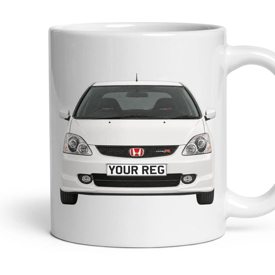 Honda Civic Type R EP3 Personalised Number Plate Mug - Championship White - Front & Rear mug, 11oz white ceramic, Championship White, handle right