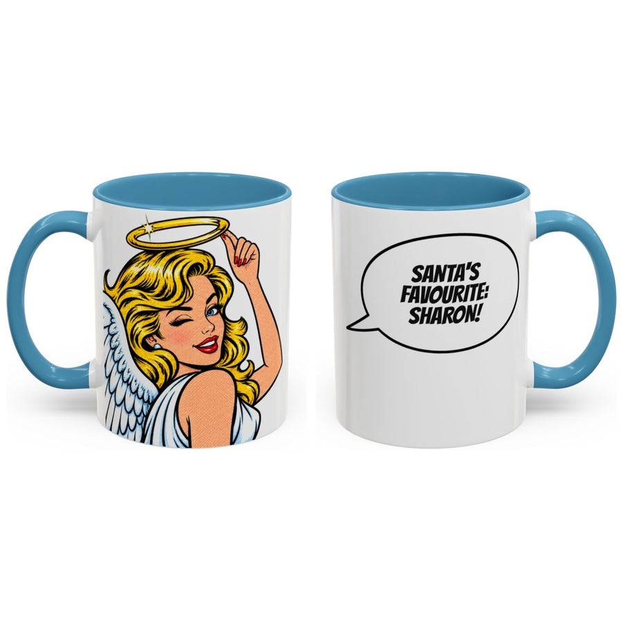 SANTA'S FAVOURITE: [Name]! mug, 11oz white ceramic, light blue handle and interior, handle right