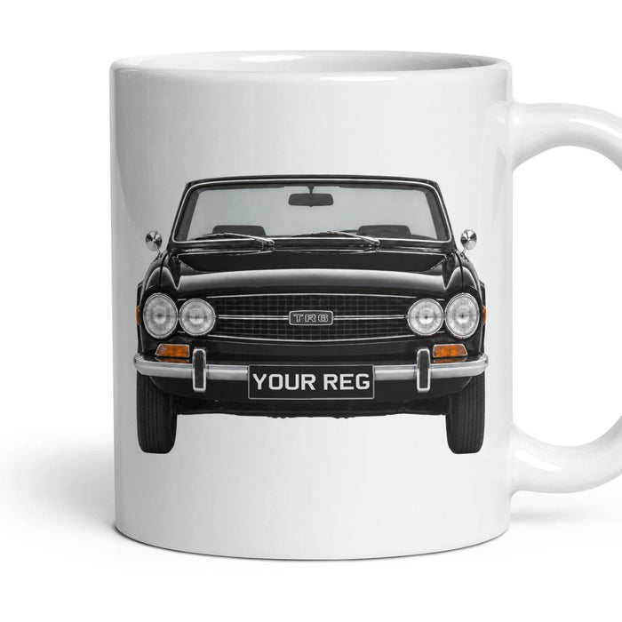 Triumph TR6 Personalised Number Plate Mug - Black - Front & Rear mug, 11oz white ceramic, Black, handle right